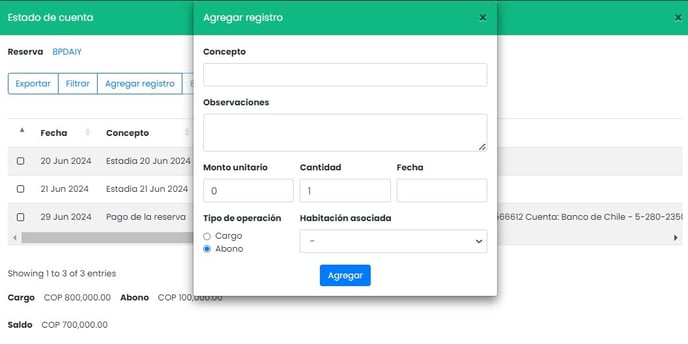 Agregar un registro al estado de cuenta